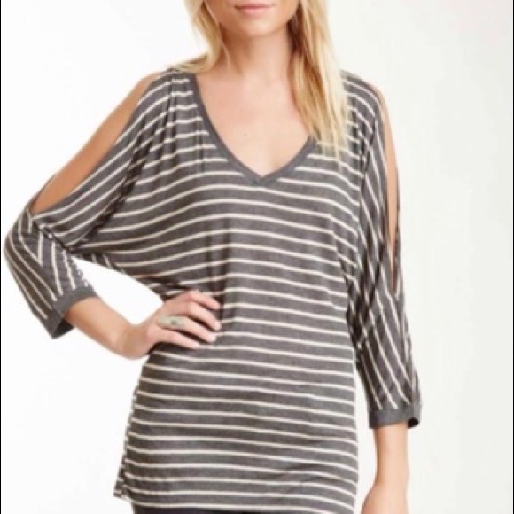 Michael Stars striped cold shoulder original tee. - Picture 2 of 7